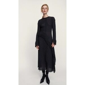 Zara Studio Black Fringe Knit Midi Dress Metallic Long Sleeve Small 9098/818